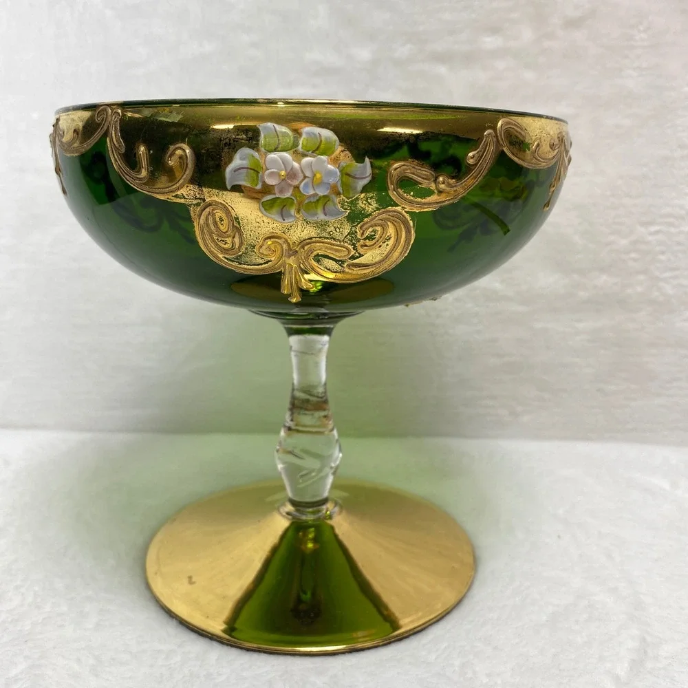 VTG Green Glass Pedestal Compote Bowl Goblet Candy Dish‎ Bowl Gold Leaf Italy